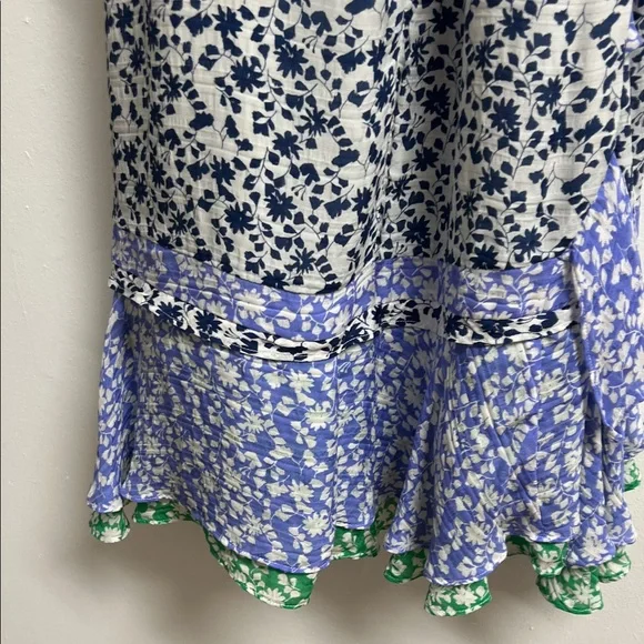 Tanya Taylor Blue and Green Silk Floral Wrap Mini Dress Flutter Sleeve 12 Med - Picture 8 of 11